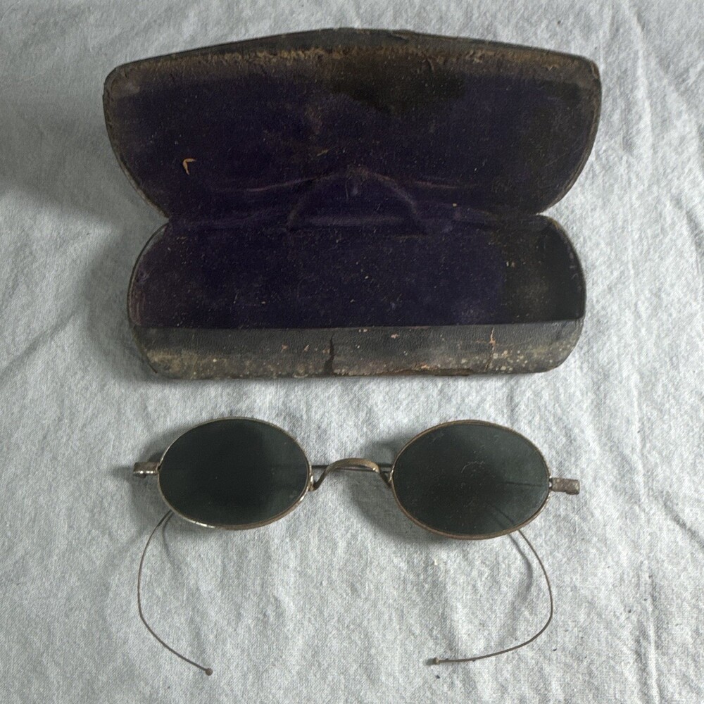 Antique Victorian Wire Rim Sunglasses Coiled Cable Temples Oval Lens Case As-Is